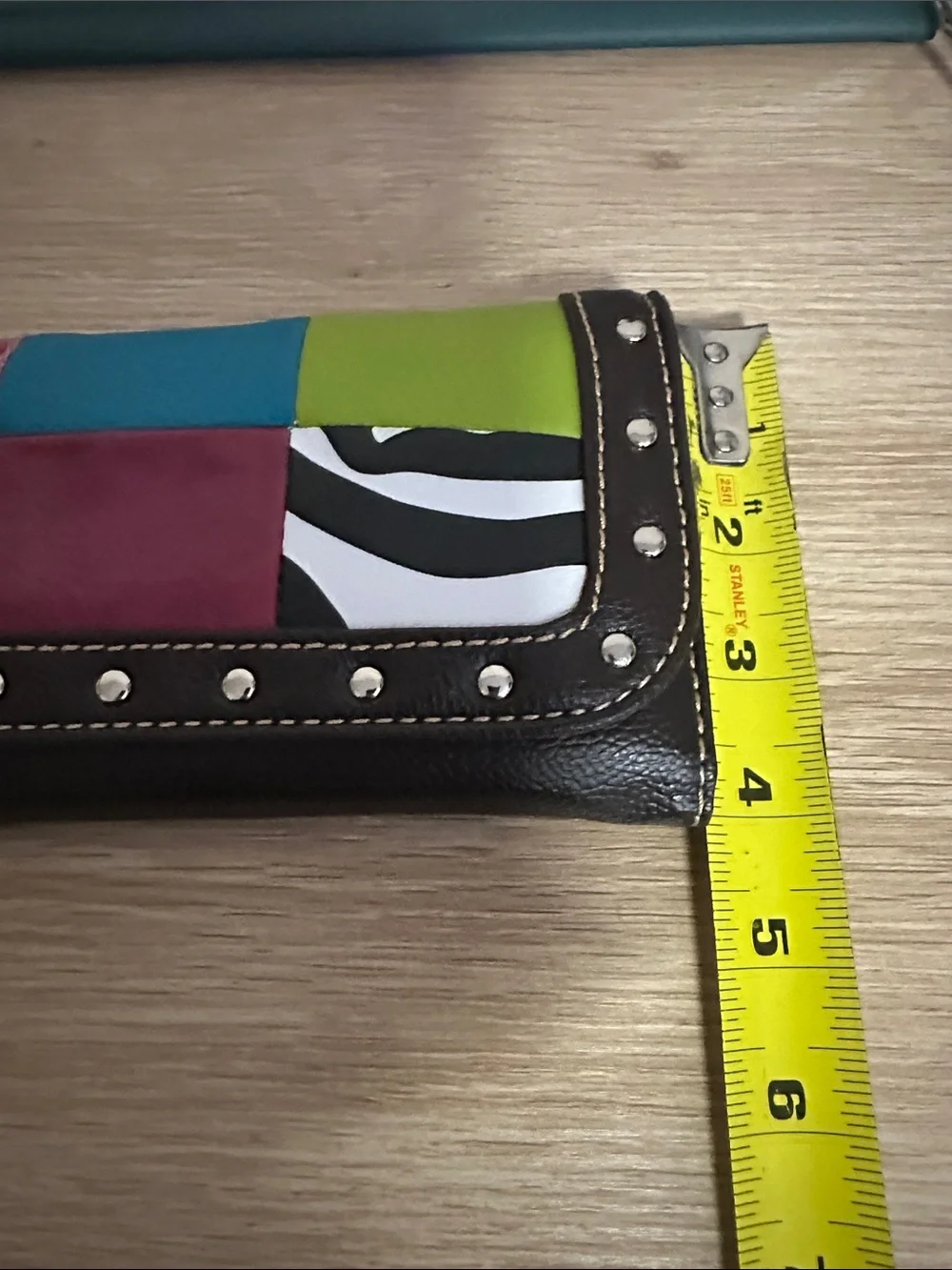 NIB Boho Multicolor Patchwork Leather Studded Flap Wallet Clutch Wristlet Brown